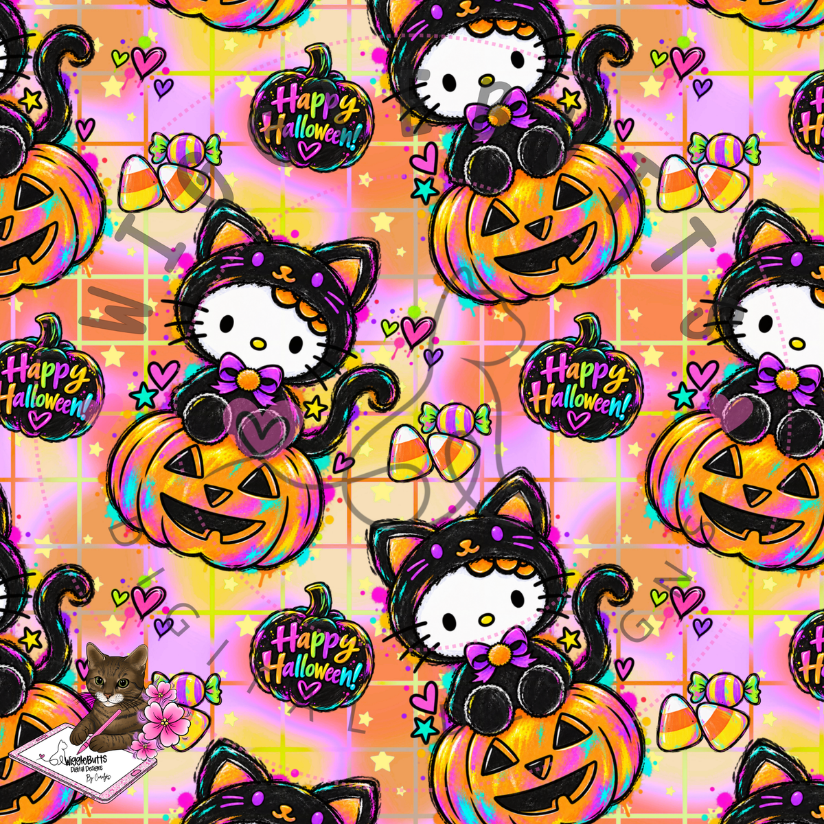 Kitty and Friends Halloween Black Cat Pumpkin Orange Seamless File PNG Design