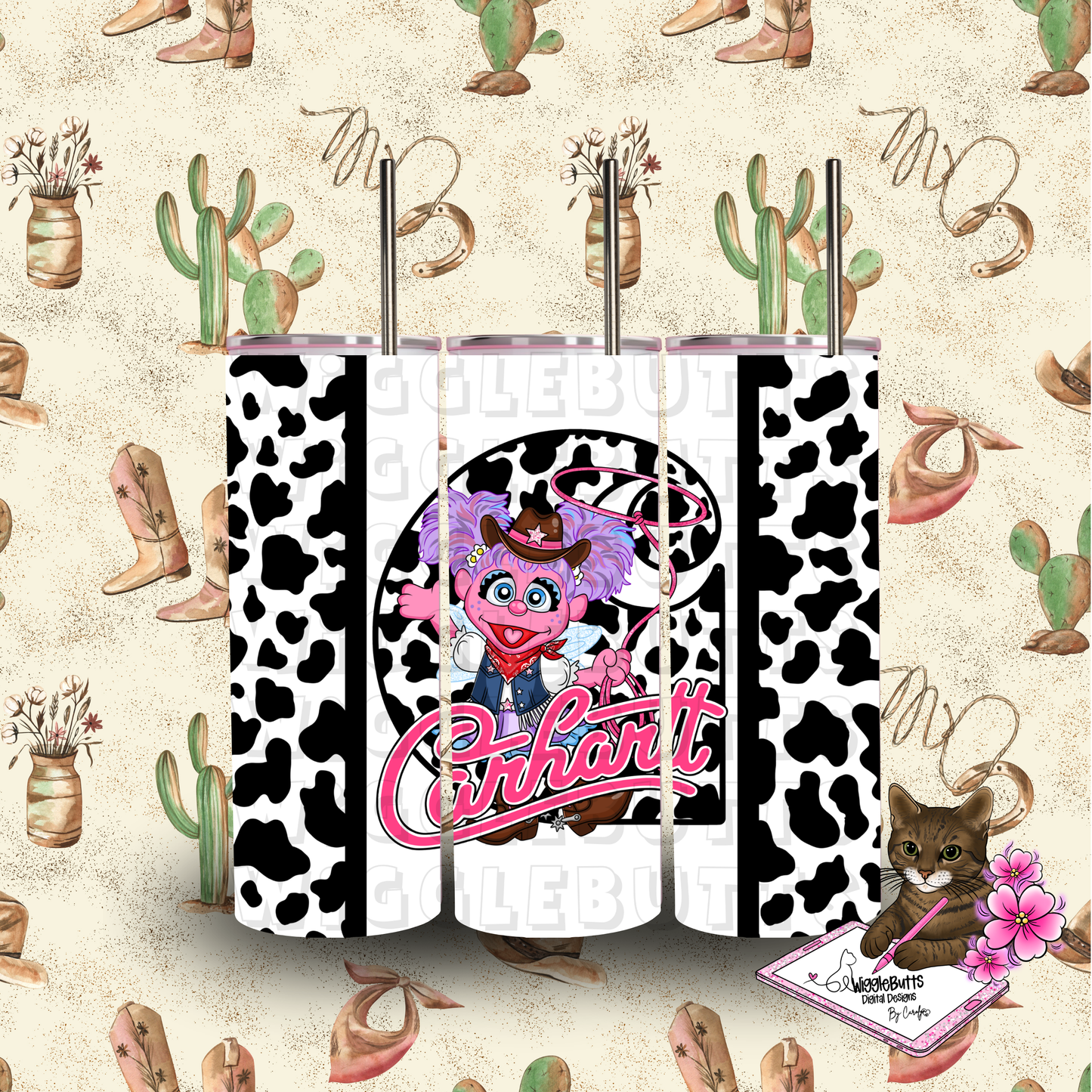 Boujee Retro Puppets Western Girl 20oz Tumbler Wrap PNG Design