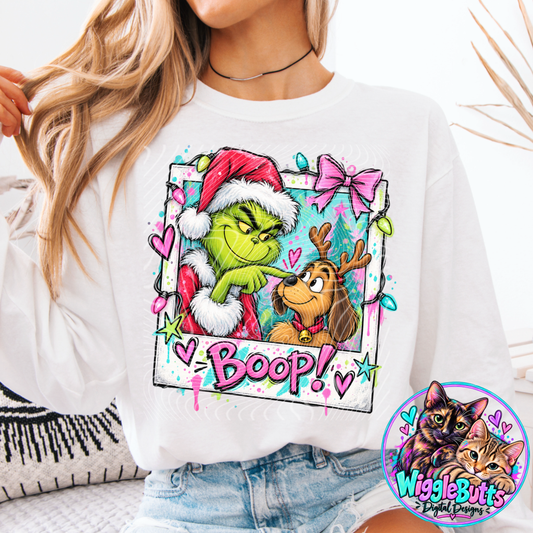 Green Guy Christmas Dog Boop Polaroid PNG Design