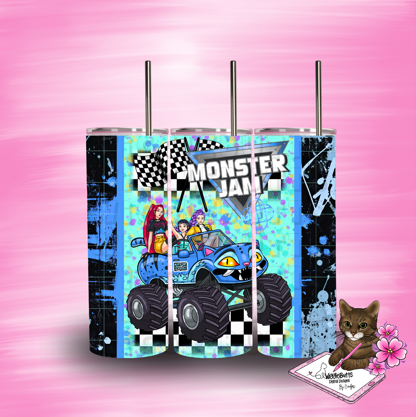 Anime Hunter Girls Monster Truck 20oz Tumbler Wrap PNG Design