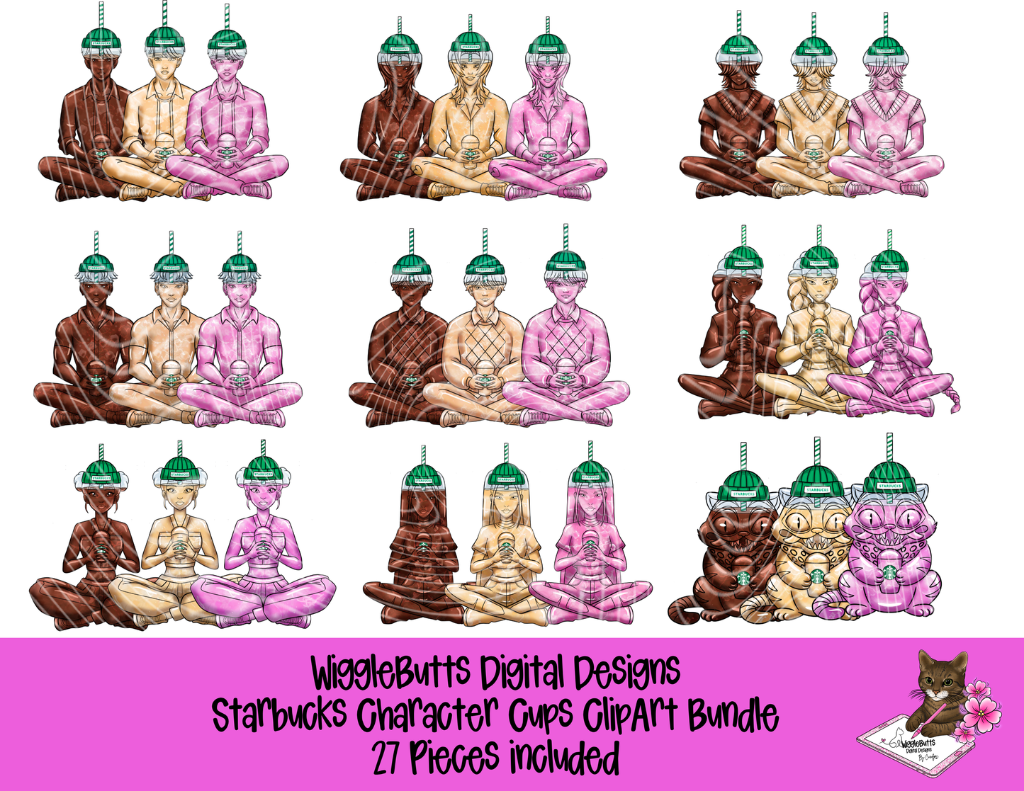 Coffee Lovers Anime Character Cups Green ClipArt Bundle
