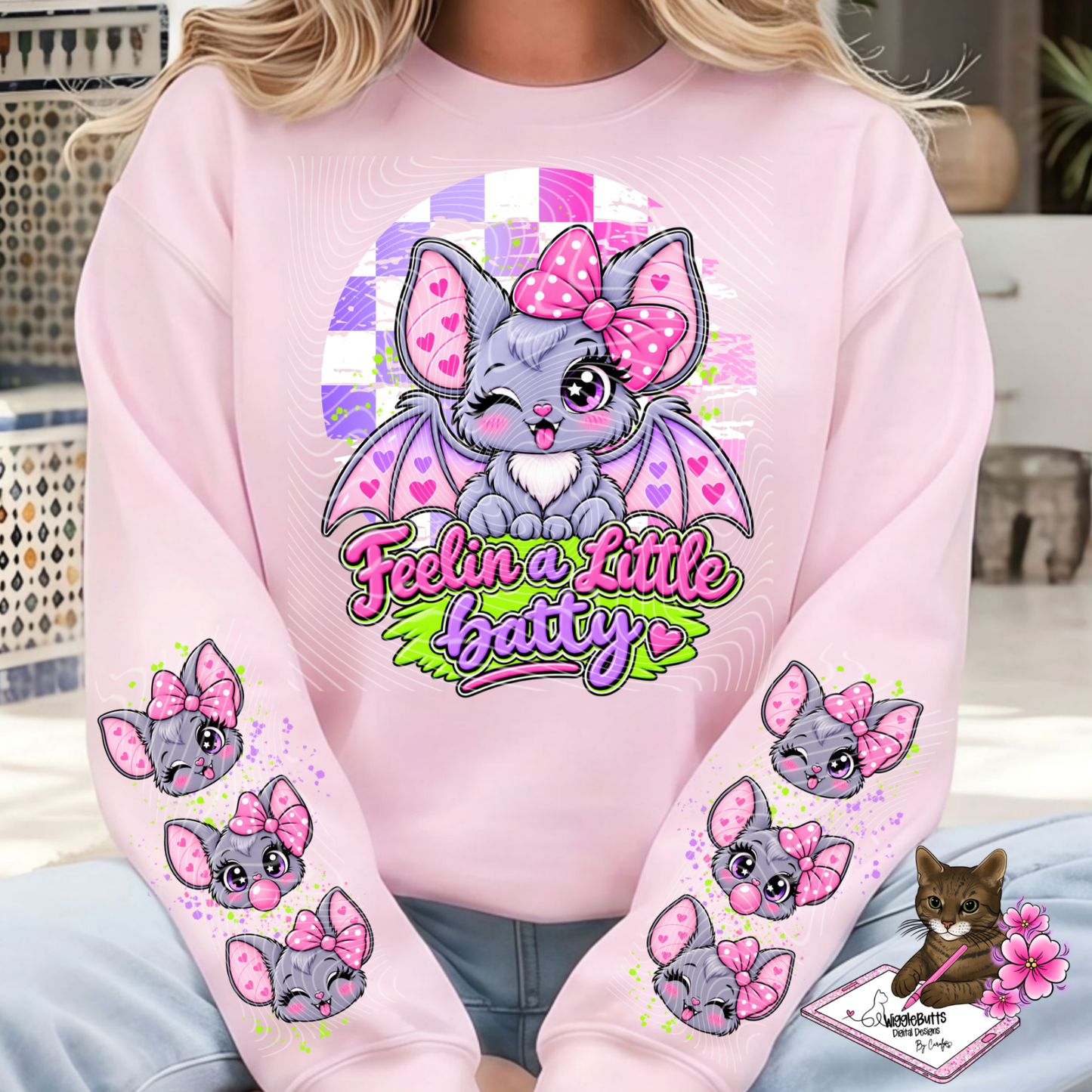 Halloween Cute Girlie Bat Feelin a Little Batty PNG Design and Matching PNG Sleeve Design