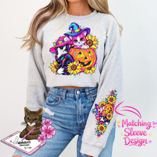 Retro 90s Rainbow Style Halloween Cat PNG Design and Matching PNG Sleeve Design