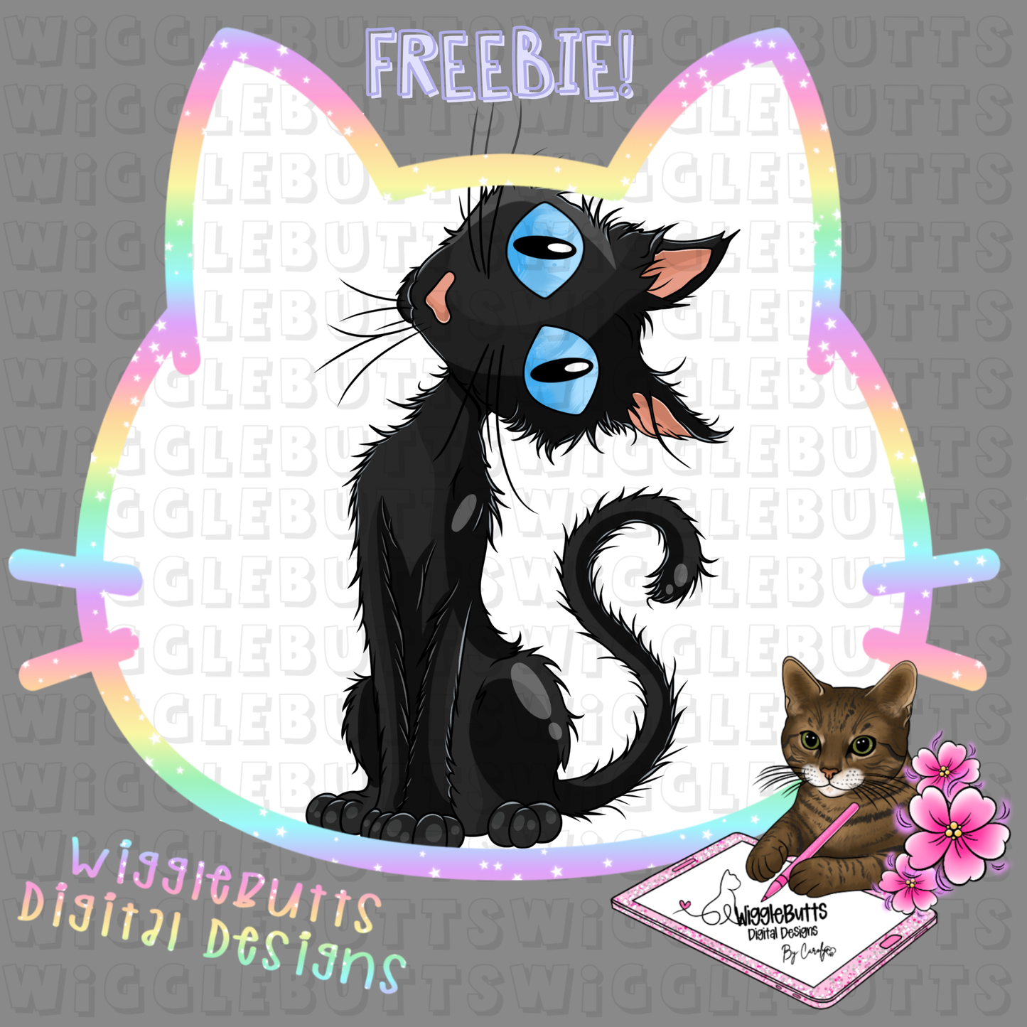 Blue Hair Girl Sidekick Black Cat ClipArt Piece