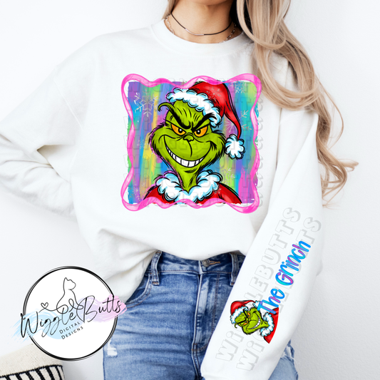 Green Guy Christmas Colorful Painted Doodle PNG Design and Matching PNG Sleeve Design