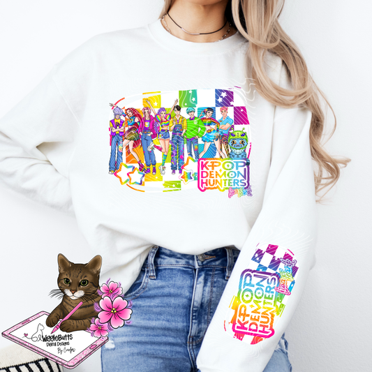 Anime Soda Boys Hunter Girls and Blue Cat 90s Rainbow Style PNG Design and Matching PNG Sleeve Design