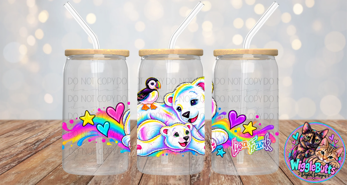 Retro 90s Rainbow Style Polar Bears 16oz Cup/Jar Wrap PNG Design