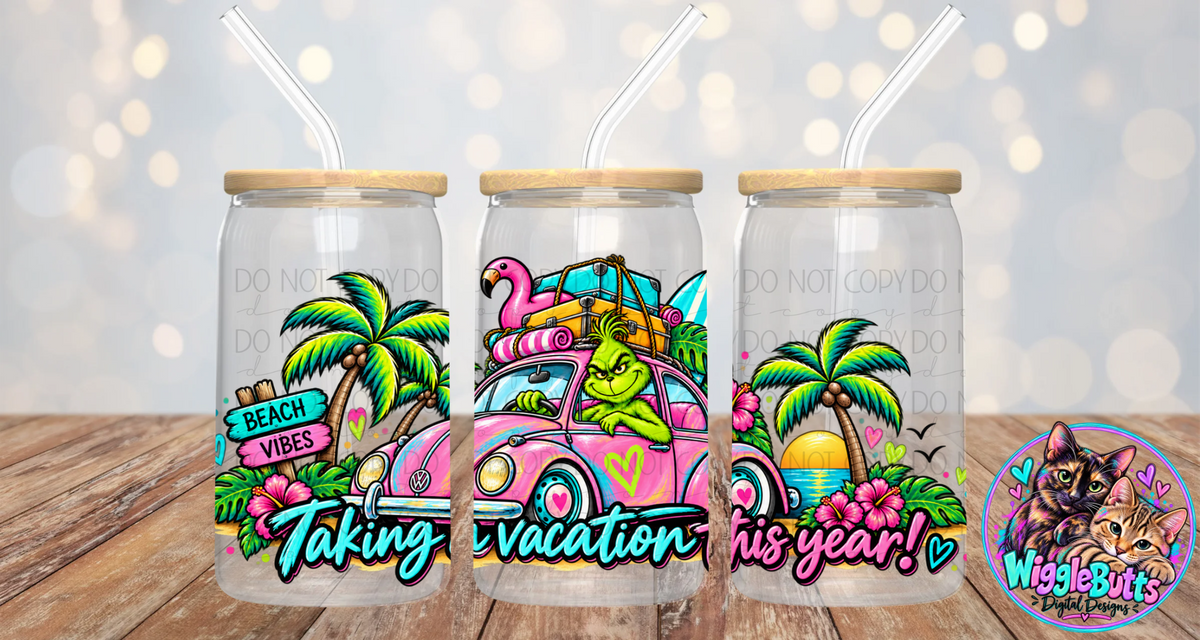 Green Guy Christmas Taking a Vacation 16oz Cup/Jar Wrap PNG Design