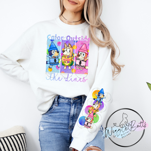 Blue Dog Puppies Color Outside the Lines PNG Design and Matching PNG Sleeve Design