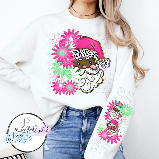 Colorful Painted Santa and Flowers Dark Skin Tone Christmas PNG Design and Matching PNG Sleeve Design