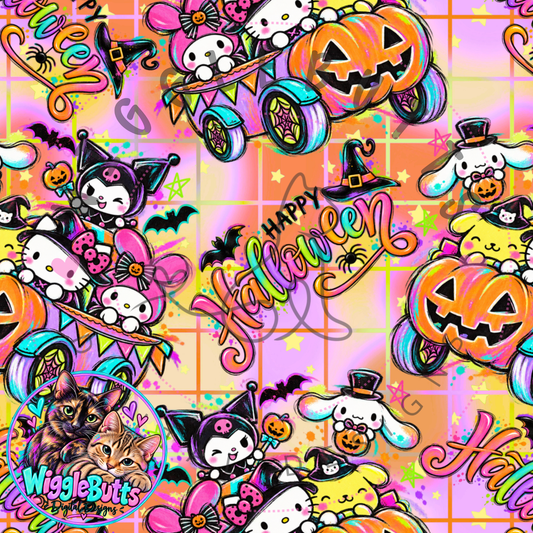 Kitty and Friends Halloween Pumpkin Car Seamless File PNG Design