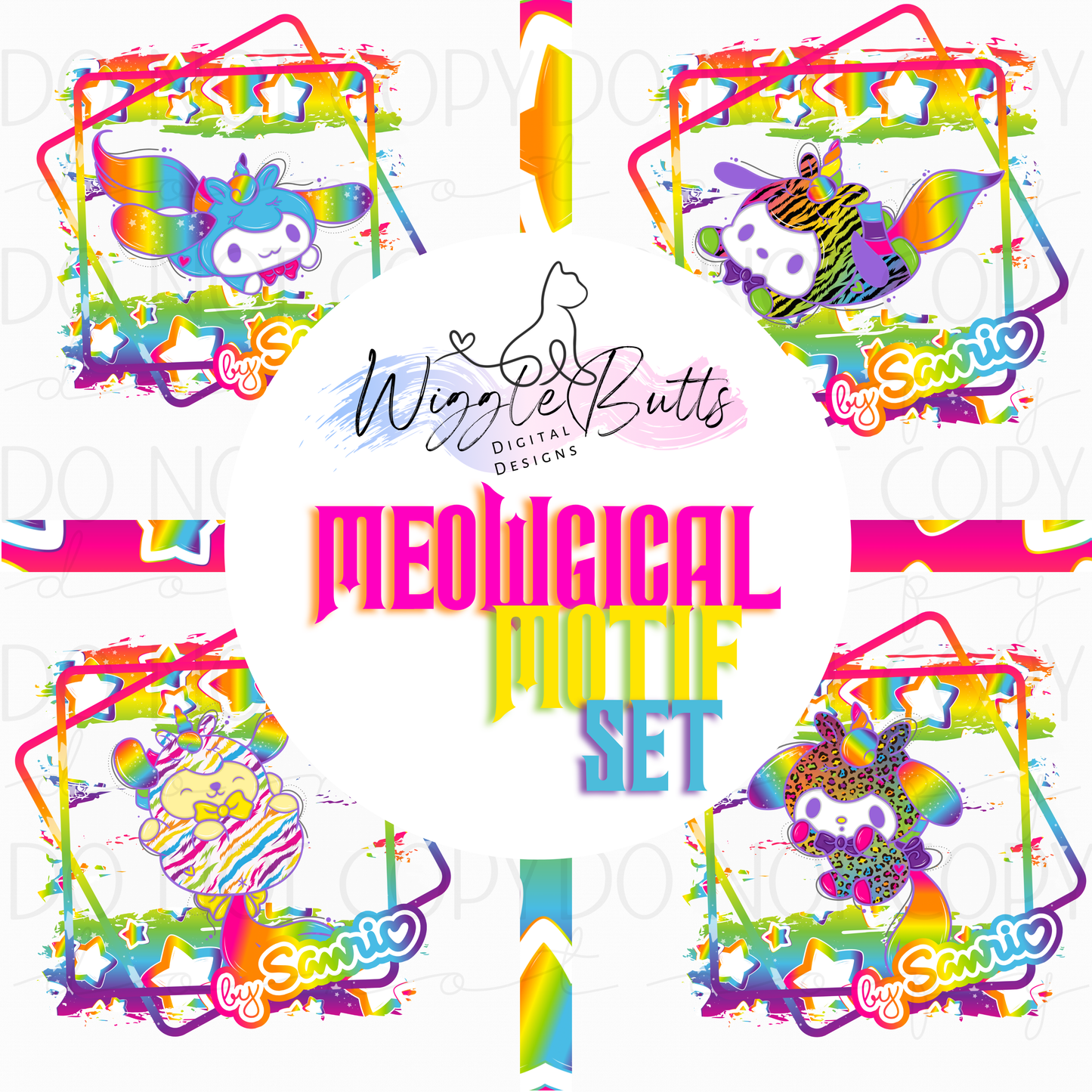 Meowgical Motif Kitty and Friends 90s Rainbow Style Unicorns Set