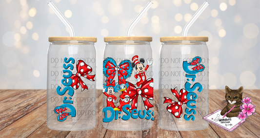 Mouse and Friends Reading Book Coquette Bows 16oz Cup Jar Wrap PNG Design