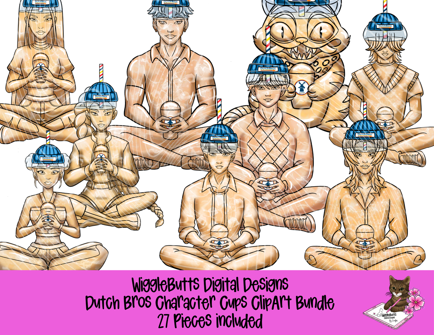 Coffee Lovers Character Cups Blue ClipArt Bundle