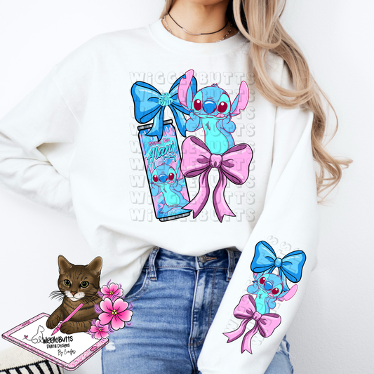 Blue Alien Creature Energy Drink Coquette Bow PNG Design and Matching PNG Sleeve Design
