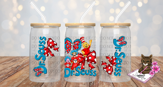 Honey Bear and Friends Reading Book Coquette Bows 16oz Cup Jar Wrap PNG Design