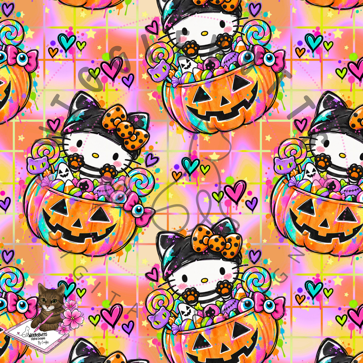 Kitty and Friends Halloween Pumpkin Seamless File PNG Design