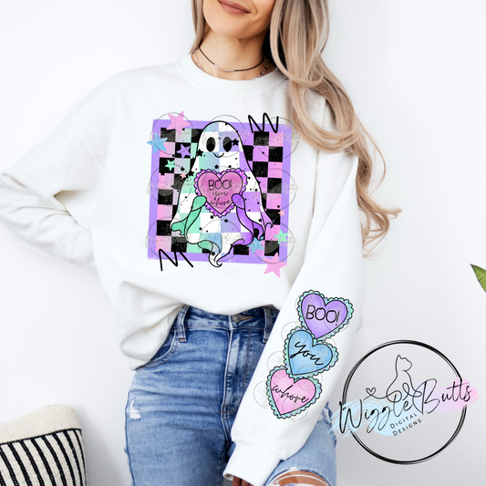 Checkered Grunge Ghost Boo You Whore Halloween PNG Design and Matching PNG Sleeve Design