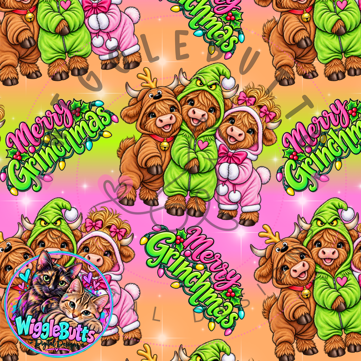 Highland Cows Green Guy Christmas Mashup Seamless File PNG Design