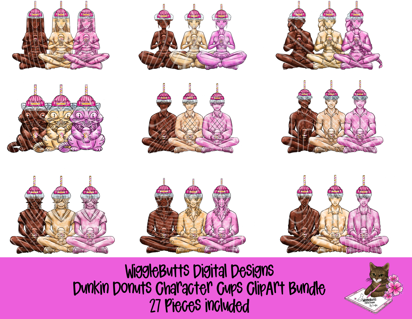 Coffee Lovers Anime Character Cups Pink and Orange ClipArt Bundle