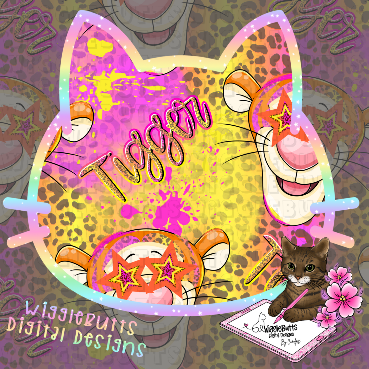 Honey Bear and Friends Tiger Pink Stars Cheetah Print Seamless File PNG Design