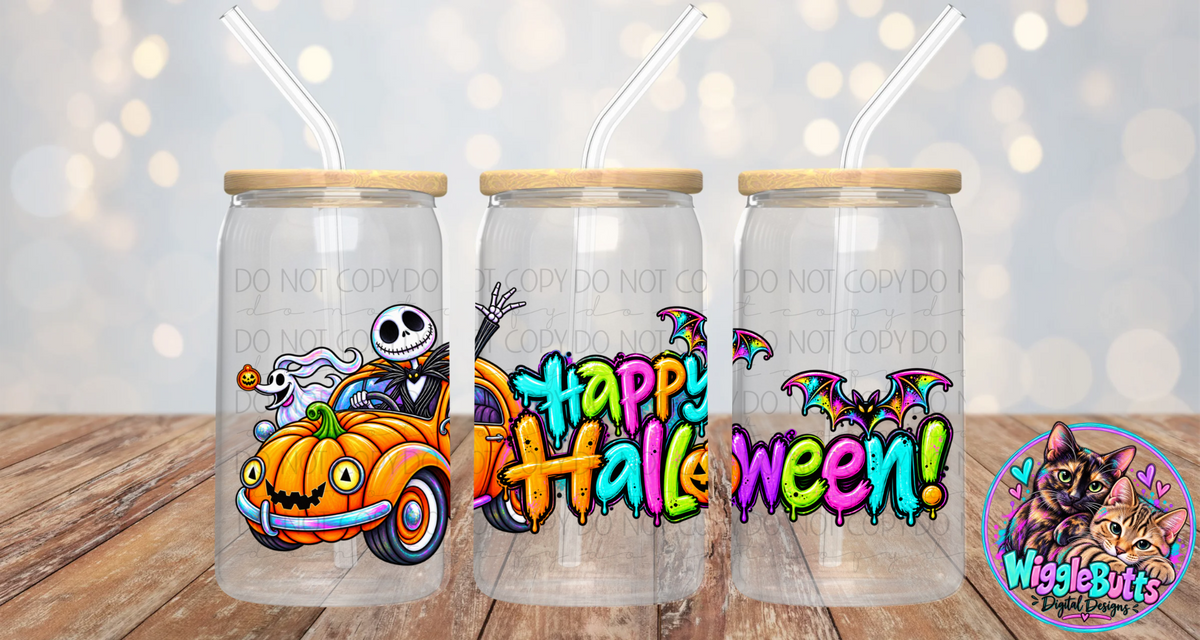 Christmas Halloween Movie Pumpkin Car 16oz Cup/Jar Wrap PNG Design