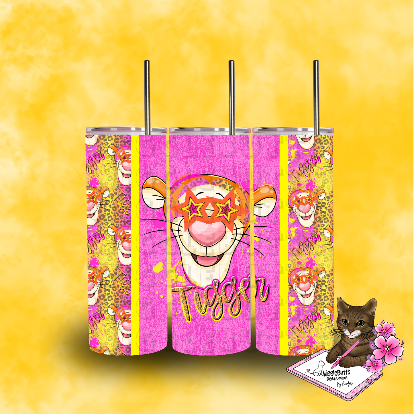 Honey Bear and Friends Tiger Pink Stars Cheetah Print 20oz Tumbler Wrap PNG Design