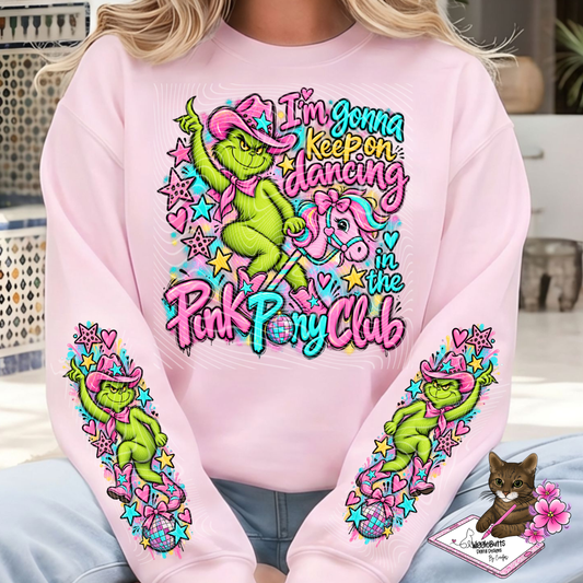Green Guy Christmas Pink Pony Show PNG Design and Matching PNG Sleeve Design
