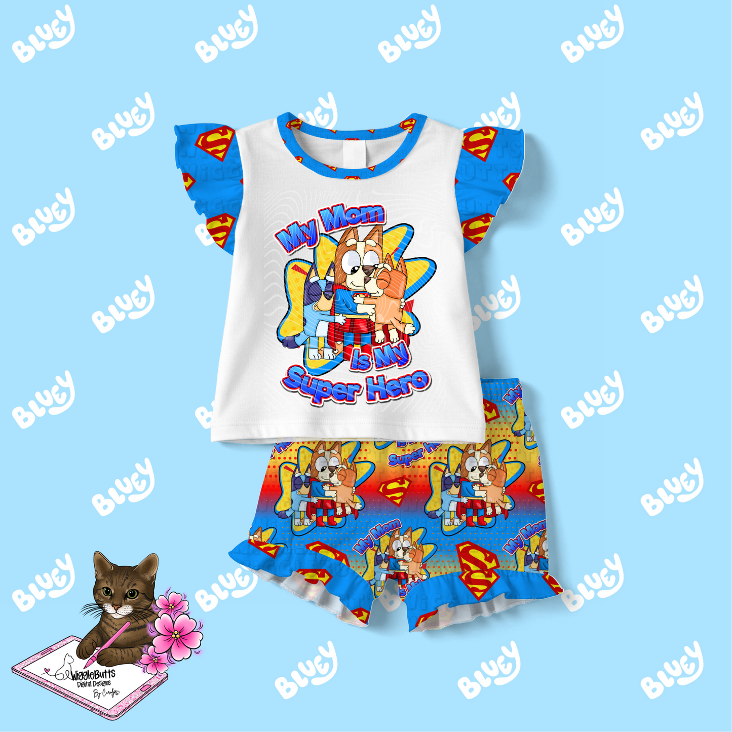 Blue Dog Puppies My Mom is my Super Hero Seamless File PNG