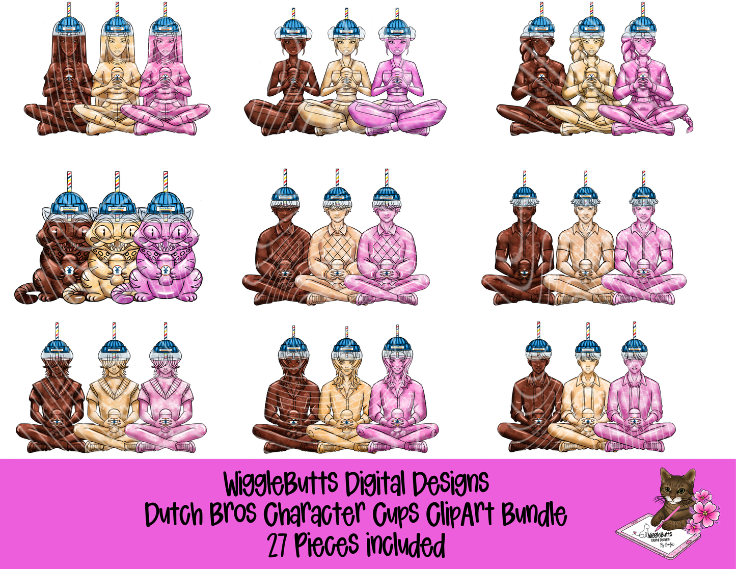 Coffee Lovers Character Cups Blue ClipArt Bundle