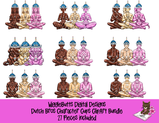 Coffee Lovers Character Cups Blue ClipArt Bundle