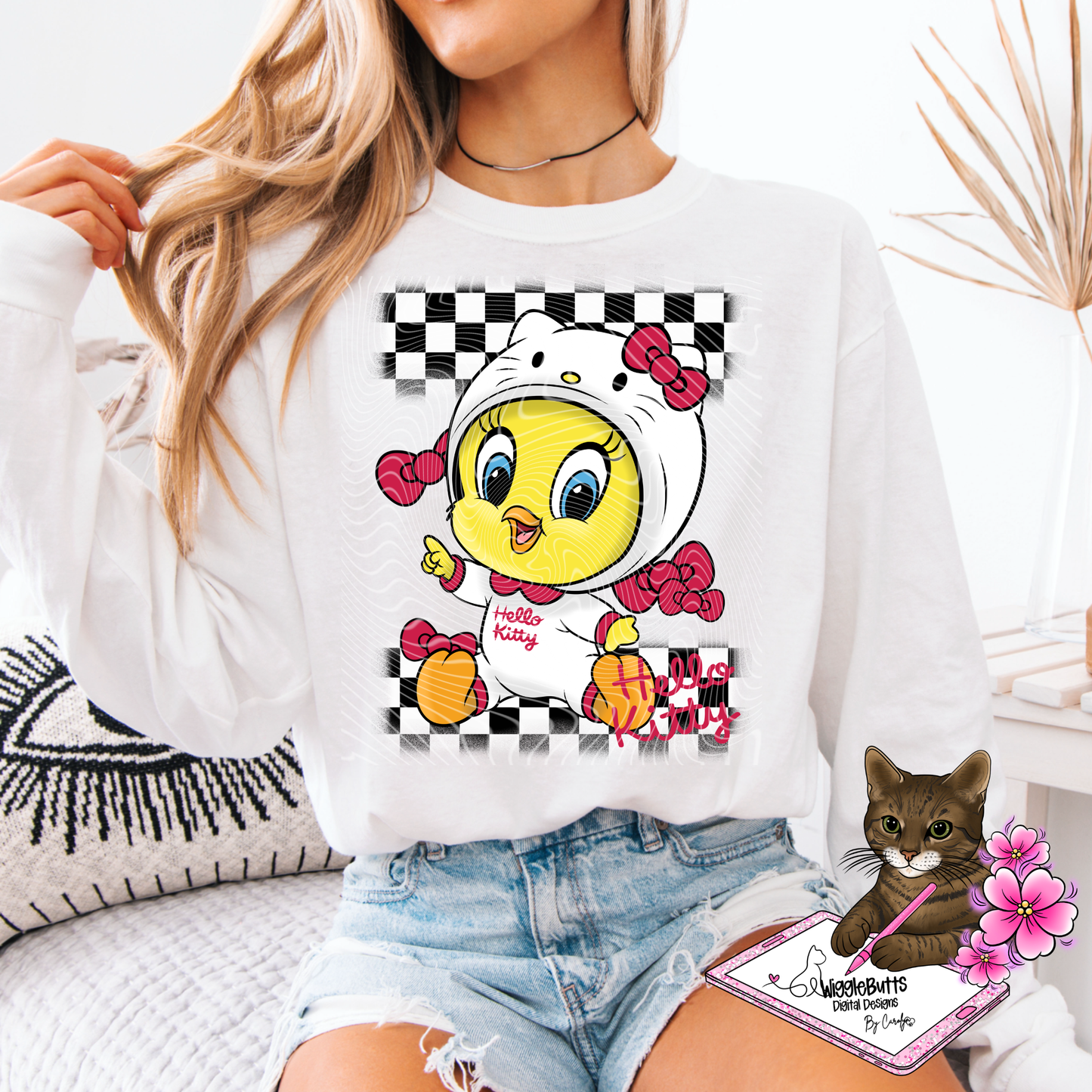 Kitty and Friends Retro Yellow Bird Mashup PNG Design