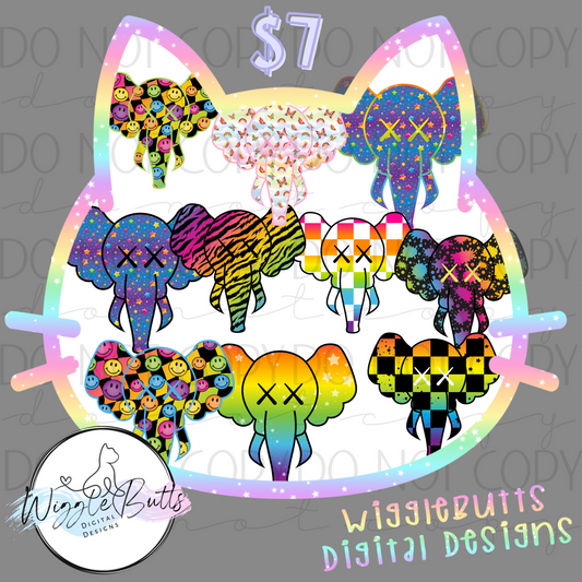 X Eyes 90s Rainbow Style Elephants ClipArt Bundle