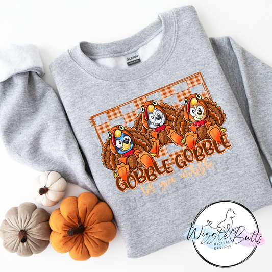 Blue Dog Puppies Orange Blue and Grey Thanksgiving Turkey PNG Design