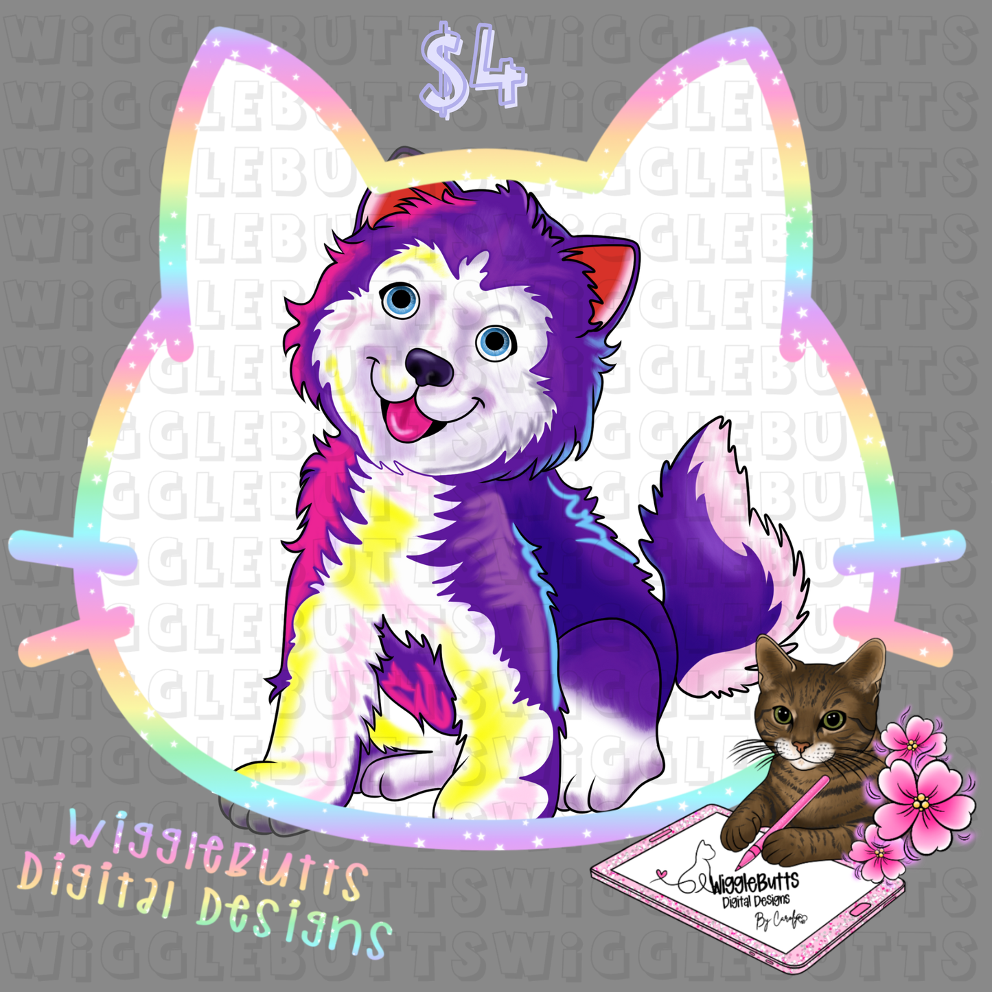 Retro 90s Rainbow Husky Dog ClipArt Piece