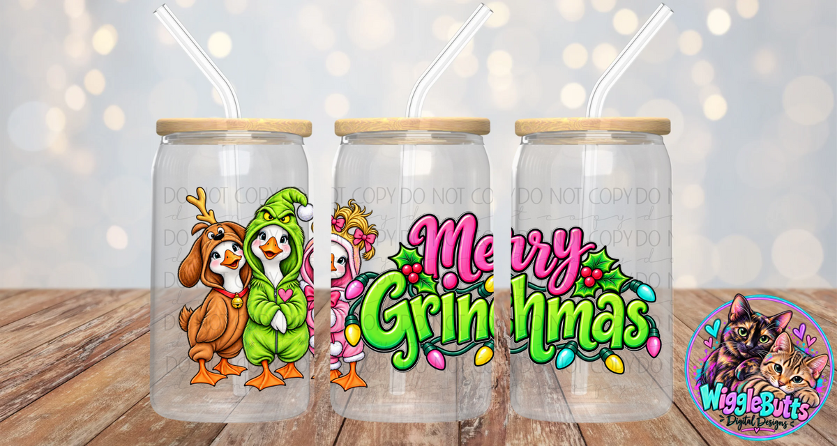 Geese Merry Christmas Green Guy Mashup 16oz Cup/Jar Wrap PNG Design