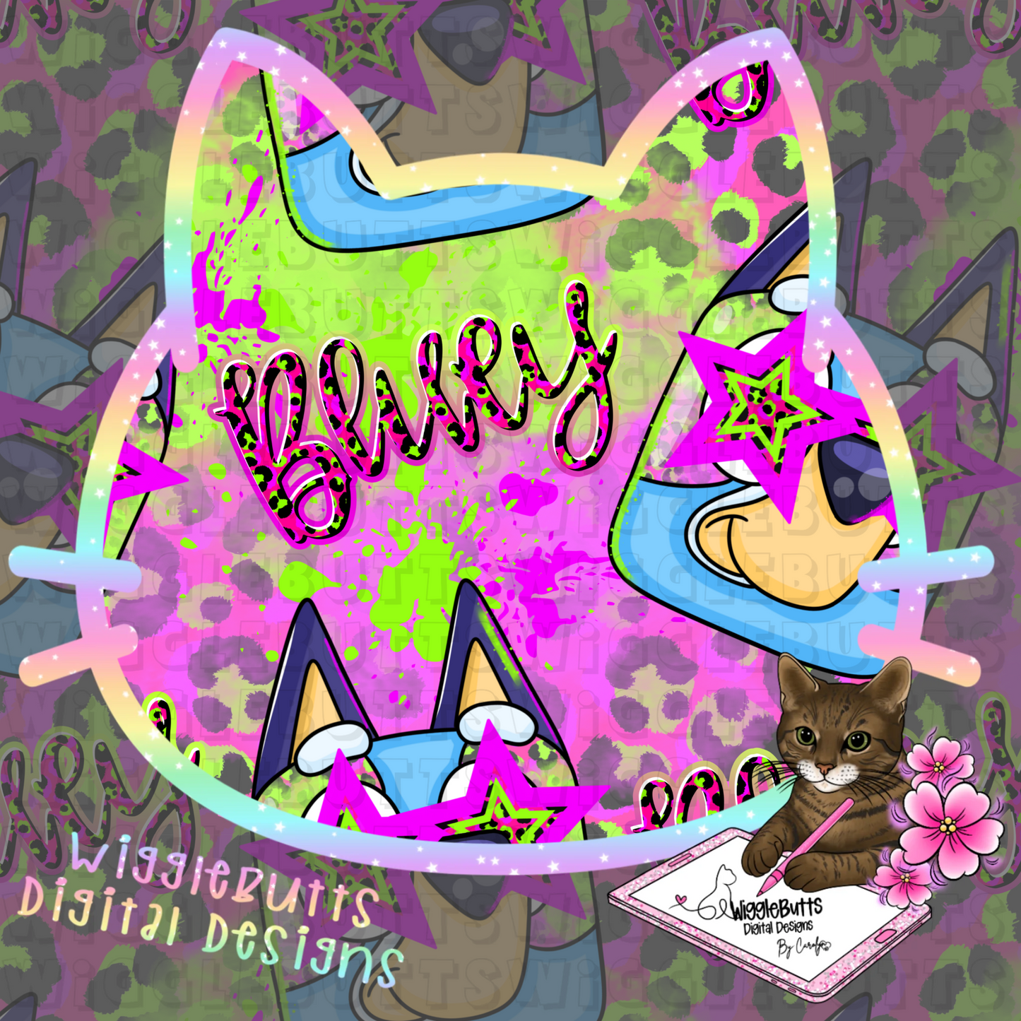 Blue Dog Puppies Neon Stars Seamless File PNG Design