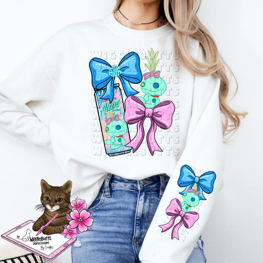 Blue Alien Creature Green Stuffy Energy Drink Coquette Bow PNG Design and Matching PNG Sleeve Design