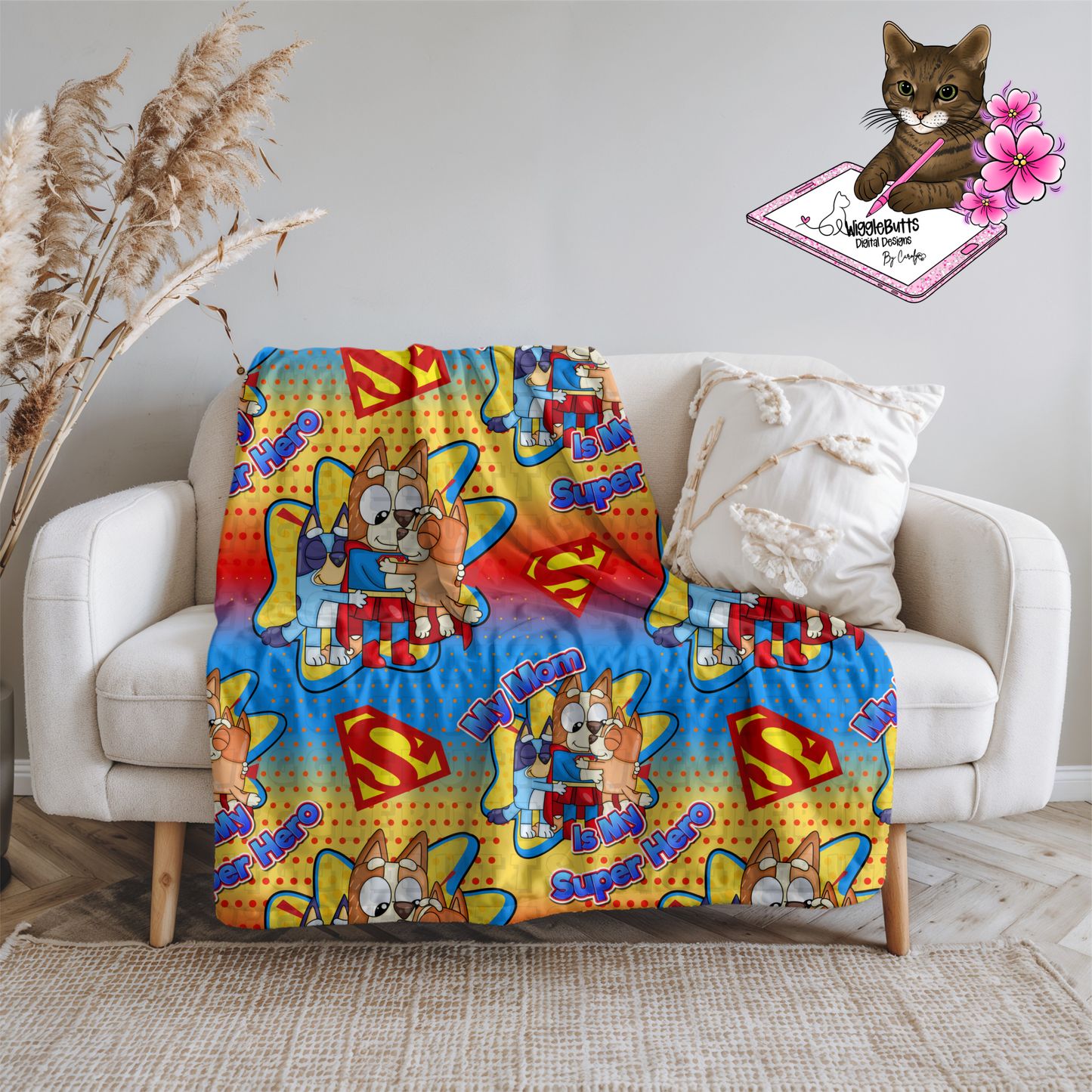 Blue Dog Puppies My Mom is my Super Hero Seamless File PNG