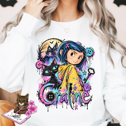 Blue Hair Button Eye Girl Halloween PNG Design