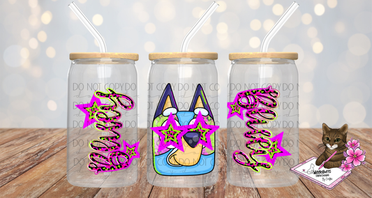Blue Dog Puppies Neon Stars 16oz Cup/Jar Wrap PNG Design