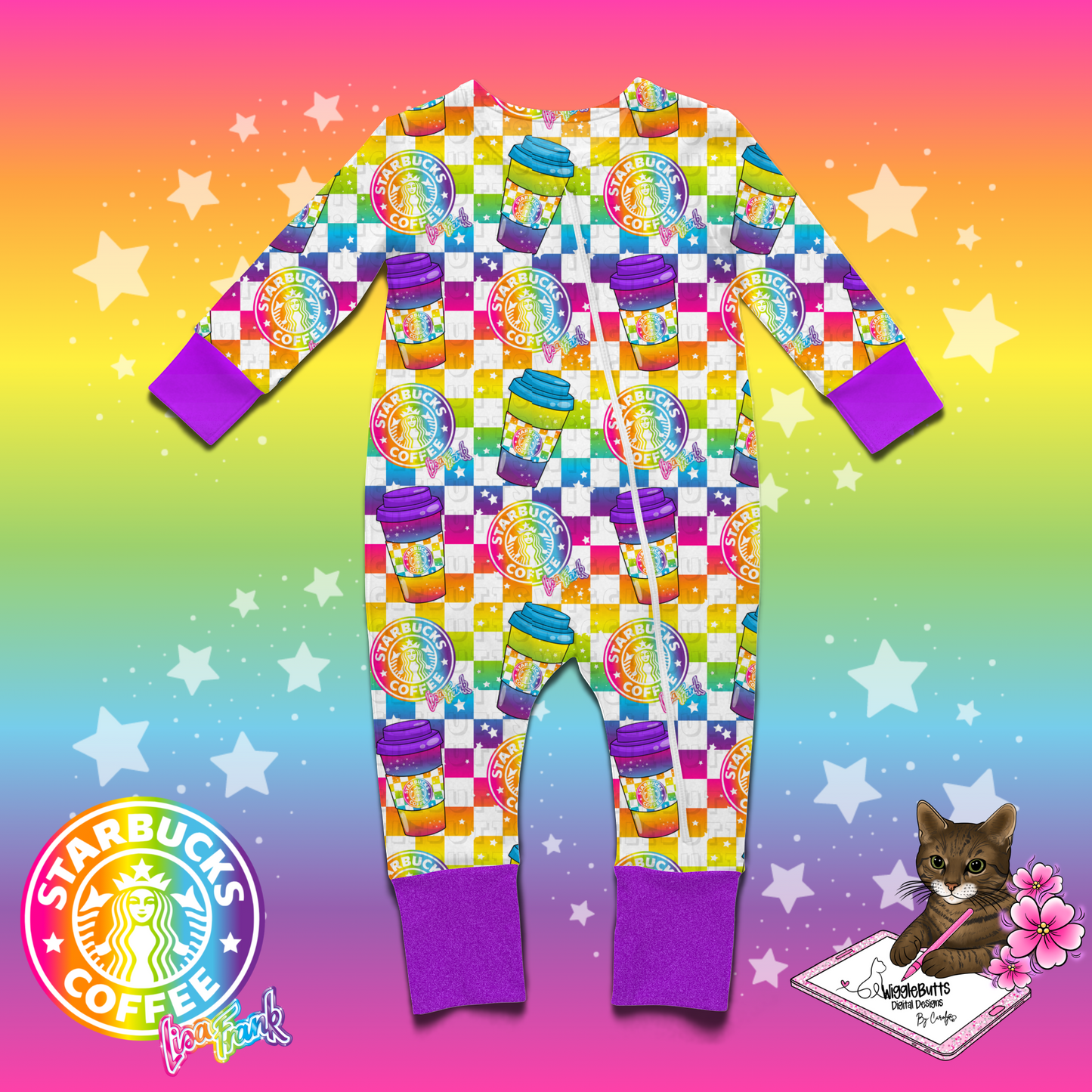 Coffee Lovers 90s Rainbow Style Checkered Green Girl Seamless File PNG Design