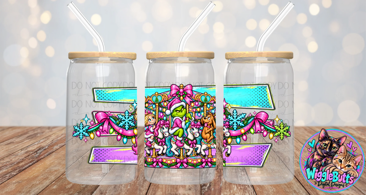 Green Guy Christmas Carousel 16oz Cup/Jar Wrap PNG Design