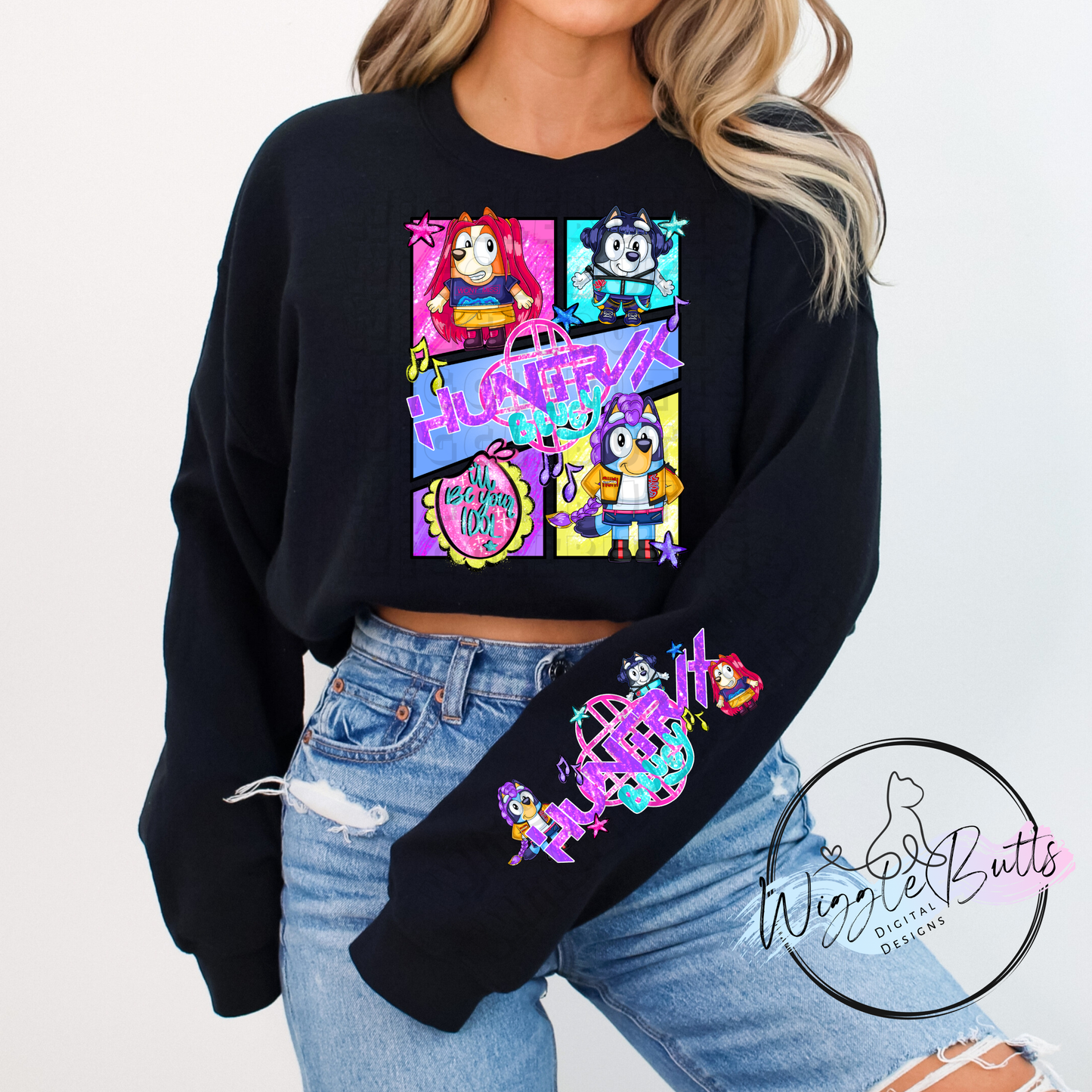 Blue Dog Puppies Hunter Girls Anime PNG Design and Matching PNG Sleeve Design