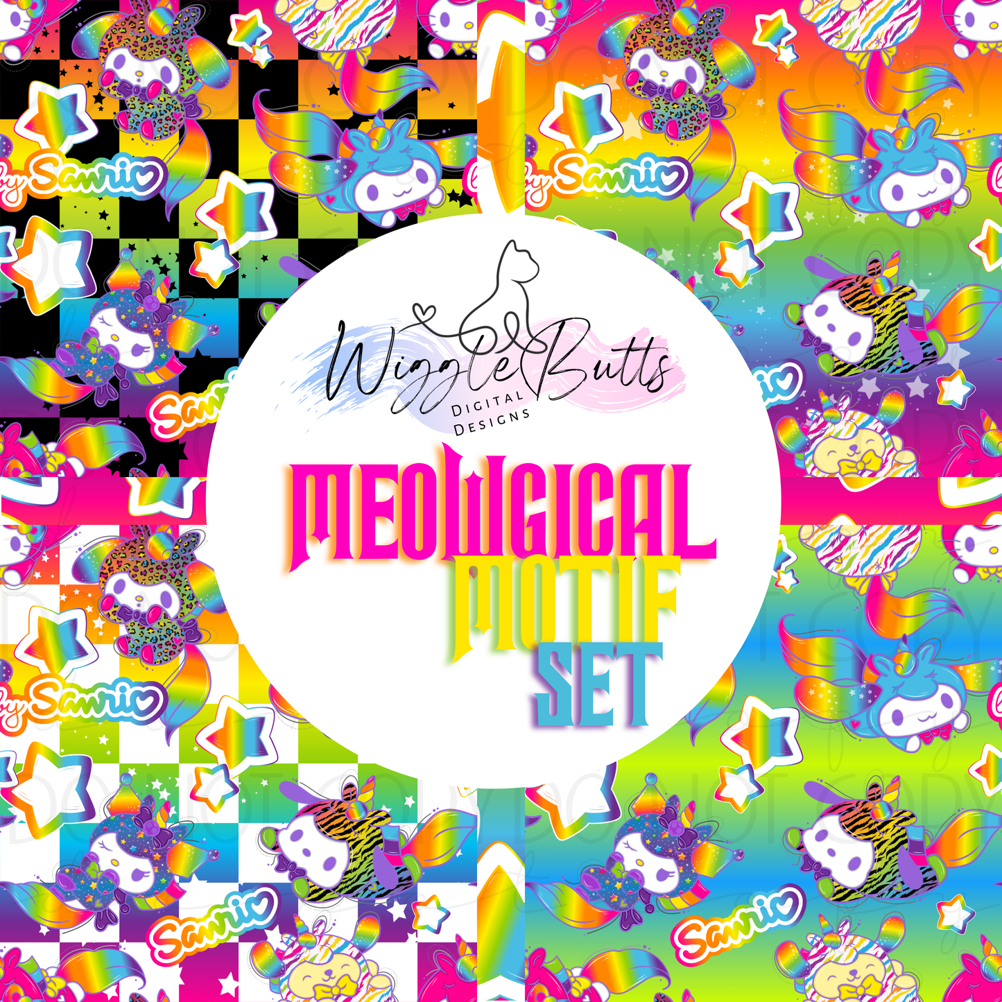 Meowgical Motif Kitty and Friends 90s Rainbow Style Unicorns Set