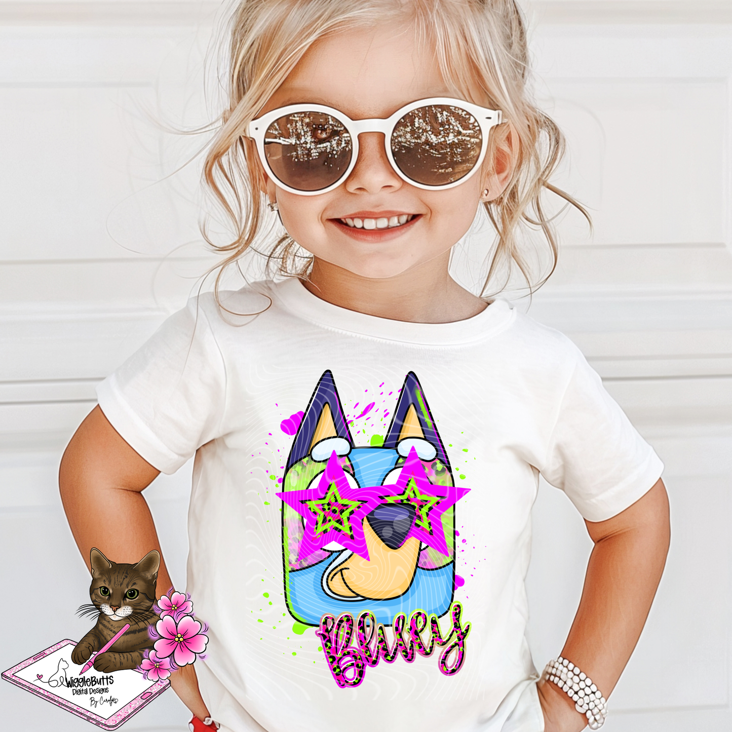 Blue Dog Puppies Neon Stars PNG Design