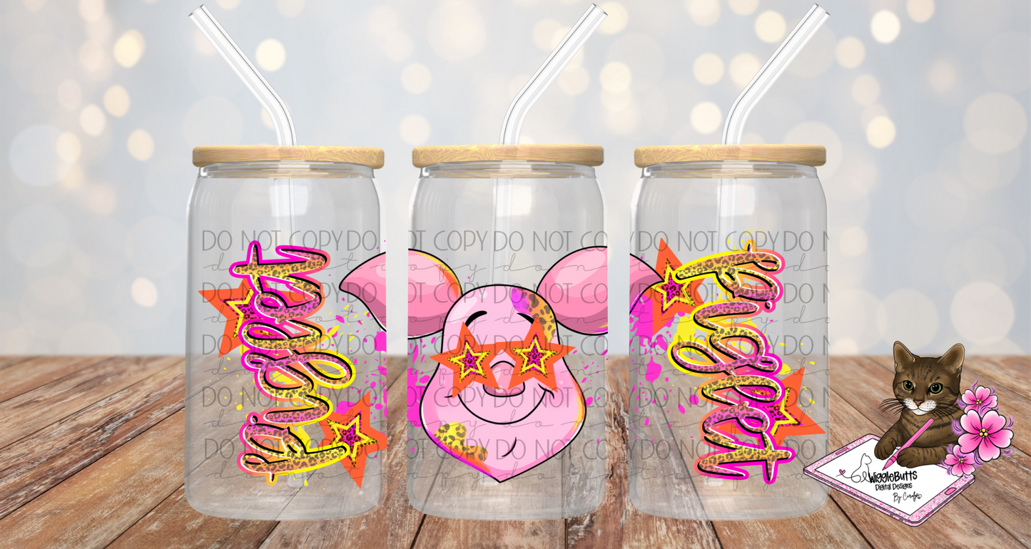 Honey Bear and Friends Pig Pink Stars Cheetah Print 16oz Cup/Jar Wrap PNG Design