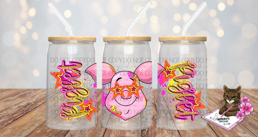 Honey Bear and Friends Pig Pink Stars Cheetah Print 16oz Cup/Jar Wrap PNG Design