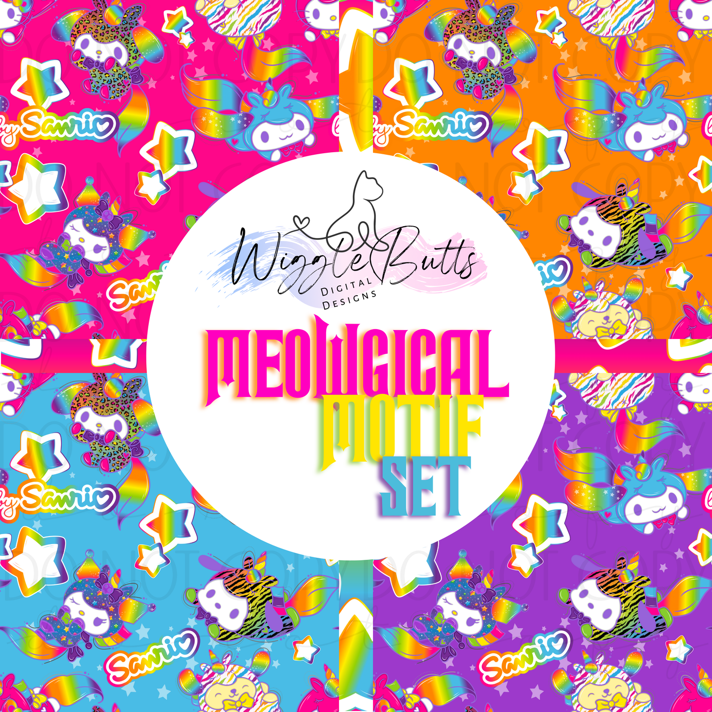 Meowgical Motif Kitty and Friends 90s Rainbow Style Unicorns Set